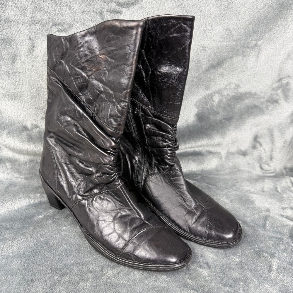 Josef Seibel Black Leather Slouch Mid Calf Boots Western Euro Chic